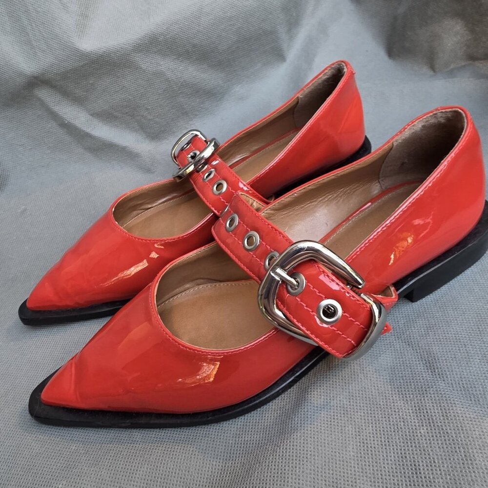 MAEVE Patent Leather Cherry Red Moto Pointed Toe Mary Jane Flats Shoes Sz 36 5.5 - Picture 2 of 9